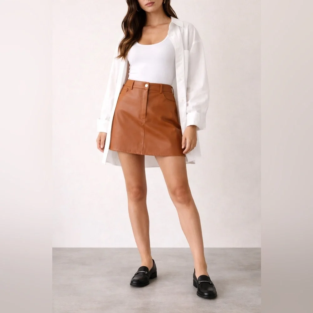 Chocolate Brown Vegan Leather Mini Skirt High Waisted Size L